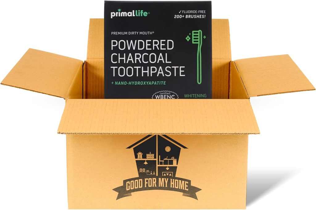 Aktiveret Charcoal Primal Life Organics 1 oz Tandpulver: Organic Vegan Blend, Kaolin & Bentonite Clay, Essential Oliils - Black Spearmint til 200 + Børster. GFMH Box inkluderet.