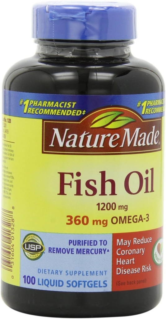 Nature Made Fish Oil 1200mg, 360mg Omega-3 100 flydende bløddele (3 Pack)