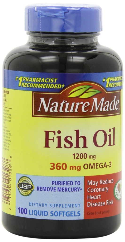 Nature Made Fish Oil 1200mg, 360mg Omega-3 100 flydende bløddele (3 Pack)