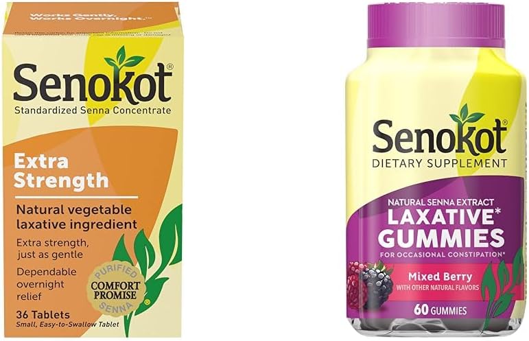 Senokot Extra Strength Natural Vegetabilsk Laxative for Gentle Overnight Relief Occasional Forstoppelse, 36 Count & Kosttilskud Laxative Gummies, Natural Senna Extract, Gentle