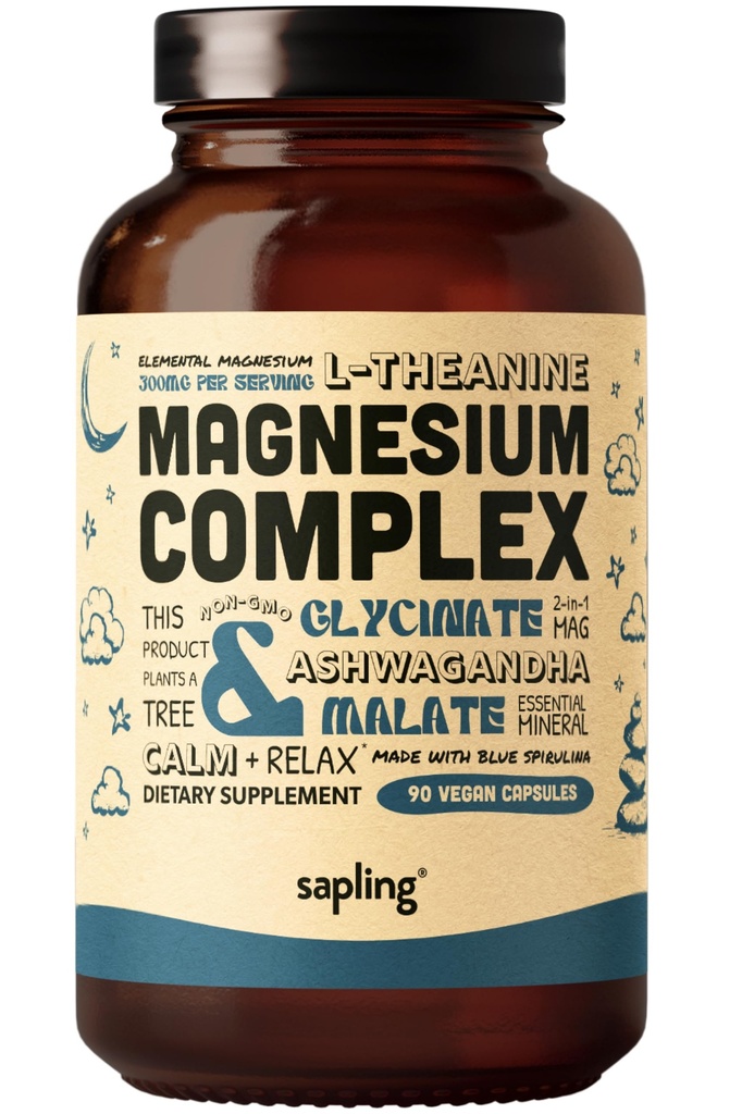 Magnesium Glycinate Complex Supplement - Chelated Magnesium Glycinate med Malat, Organic Ashwagandha, L- theine & Blue Spirulina - Høj Absorption, Vegan, Non- GMO, 300mg, 90 Veggie Caps