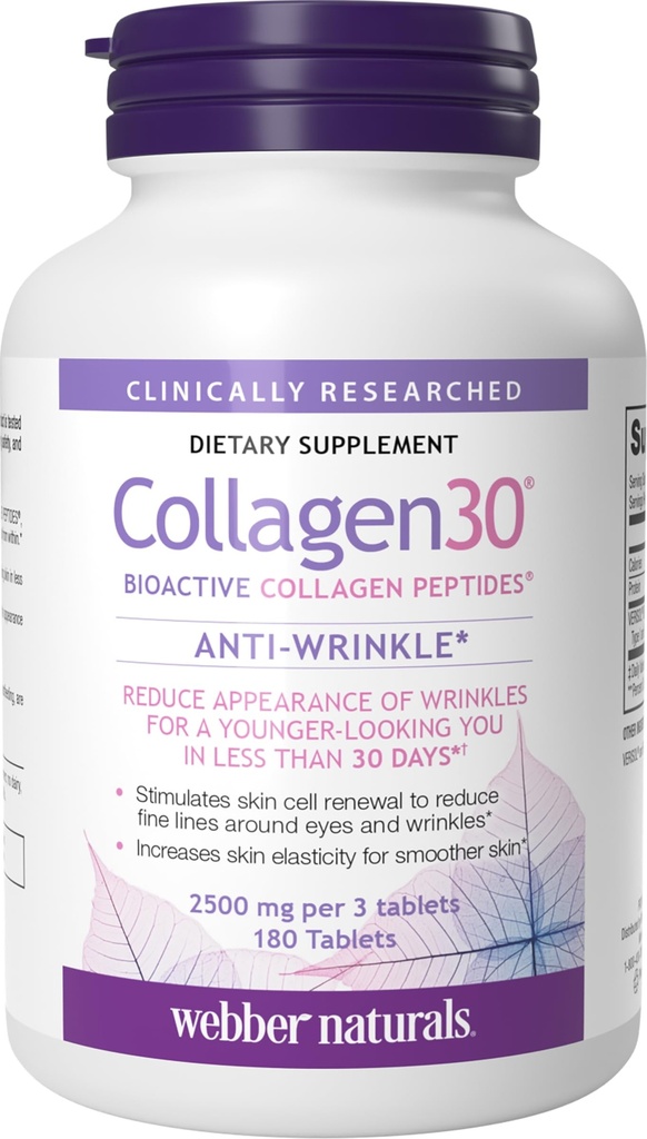 Webber Naturals Collagen 30 Anti-Wrinkle, 2,500mg of Bioactive Collagen Peptides Per Serving (3 Tablets), 180 Tablets, Helps Reduce Deep Wrinkles, Fine Lines, Non GMO, Dairy, Gluten Free