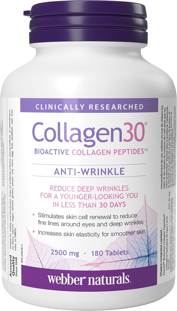Webber Naturals Collagen30 Anti- Wrinkle, 2 500 mg Bioactive Collagen Peptider Per Serving, 180 tabletter, Hjælper Reducere dybe wrinkler, Fine Lines & Stimulates hudceller, Ikke GMO, Dairy & Gluten Free
