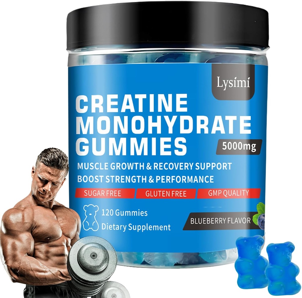 Creatinine Monohydrat Gummies - 5g Creatinine Monohydrat per Servering - Forøg styrke og opbygge muskel, Sukker fri, Vegan, Blåbær Flavor, Hver flaske / 120 kapsler, for mænd og kvinder (1)