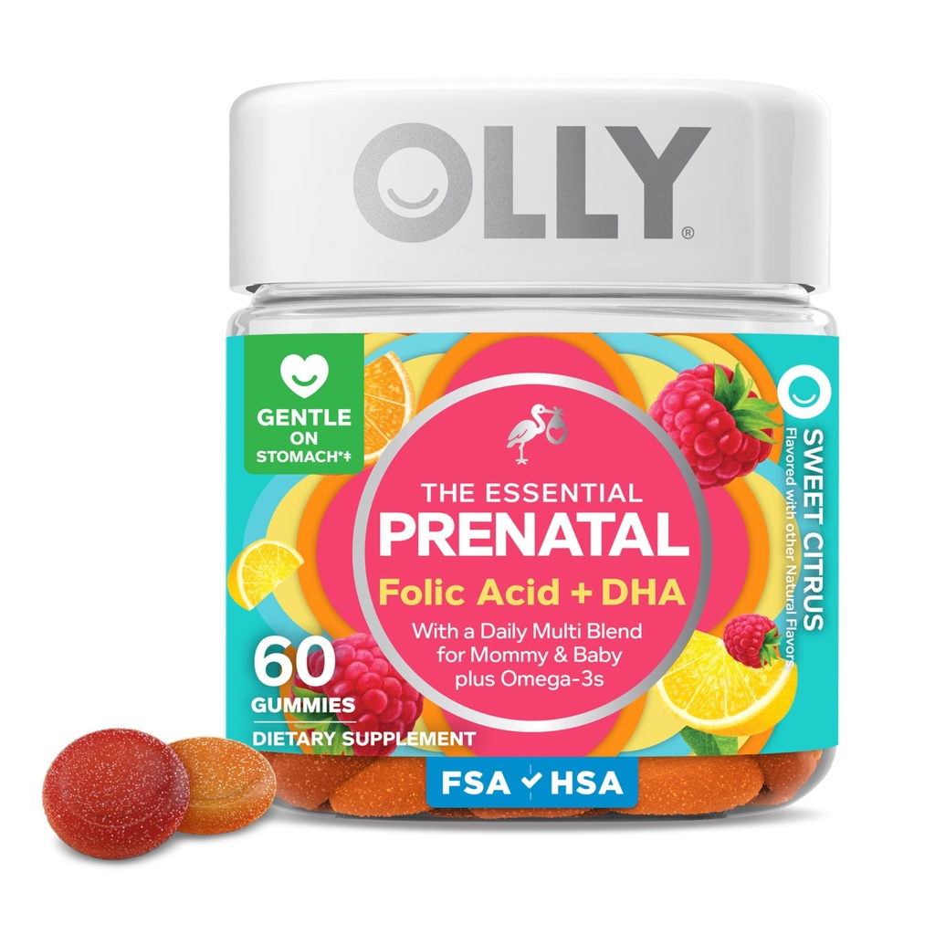 OLLY Prenatal Multivitamin Gummy, understøtter sund vækst og hjerne udvikling, Folinsyre, D-vitamin, Omega 3 DHA, Chewable Supplement, Citrus Berry Flavor, 30 dages forsyning - 60 Greve