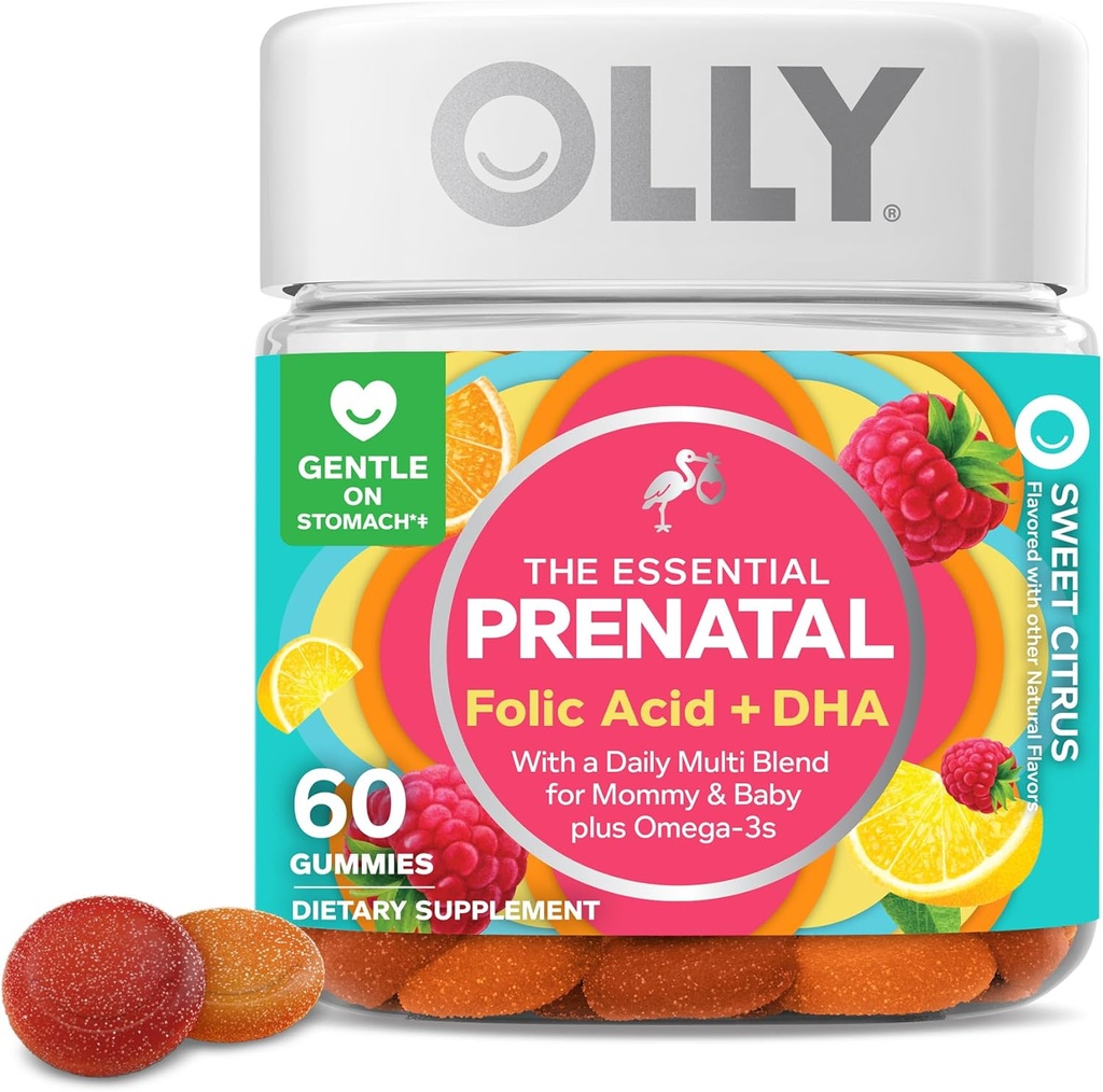 OLLY Prenatal Multivitamin Gummy, understøtter sund vækst og hjerne udvikling, Folinsyre, D-vitamin, Omega 3 DHA, Chewable Supplement, Citrus Berry Flavor, 30 dages forsyning - 60 Greve