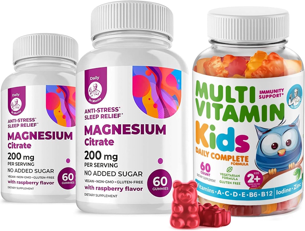 Kids Multivitamin Gummies 14 Essentielle Vitamin og Magnesium Gummies Sugar- Free - Daily Supplement Vitamin A, C, D, E Vegetar B6 & B12, Zink, Biotin med sukkerfri Magnesium Calm Tygge for børn og voksne