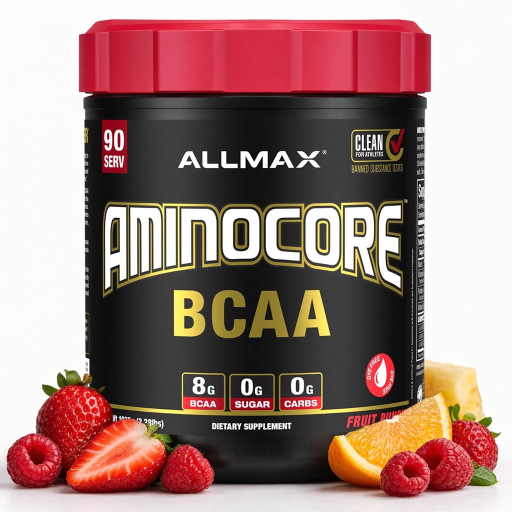 ALLMAX Nutrition AMINOCORE BCAA, Fruit Punch - 945 g Powder - 8.18 Bedste af forgrenede kæde Aminsyre Per Servering - med B Vitamin - Ingen Fillers eller Non- BCAA Aminos - Sukker Free - 90 Servering
