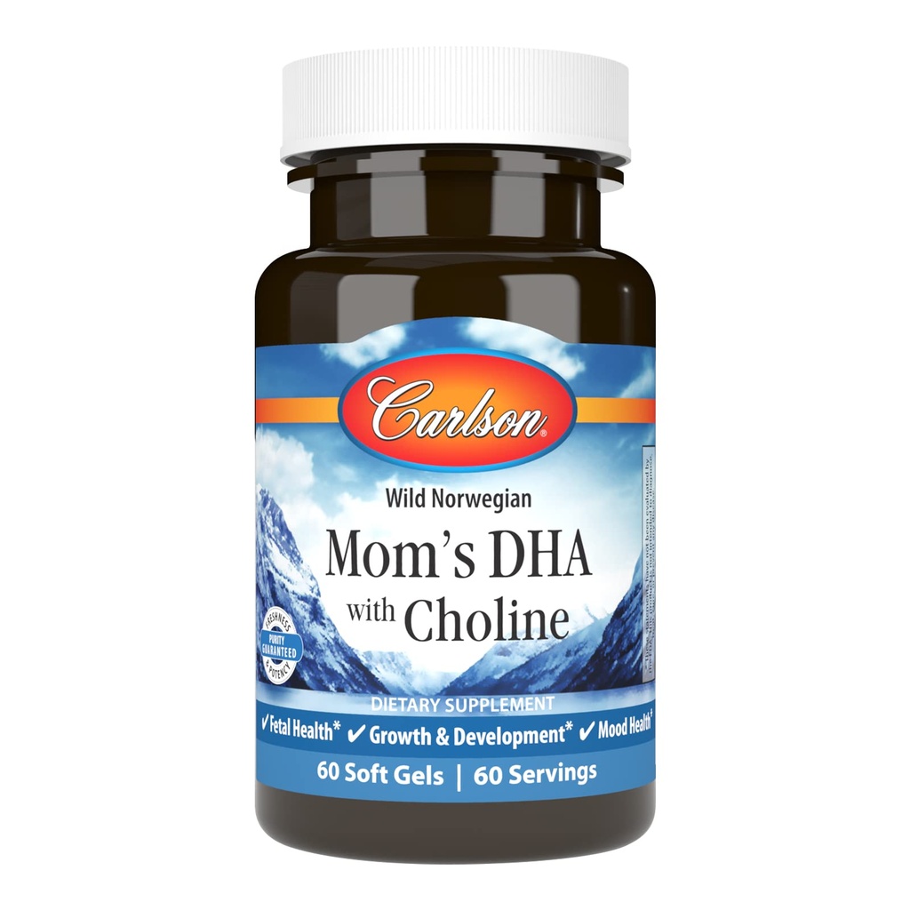 Carlson - Mom's DHA with Choline, 3:1 DHA to EPA Ratio Found in Breastmilk, Growth and Development, 60 Softgels