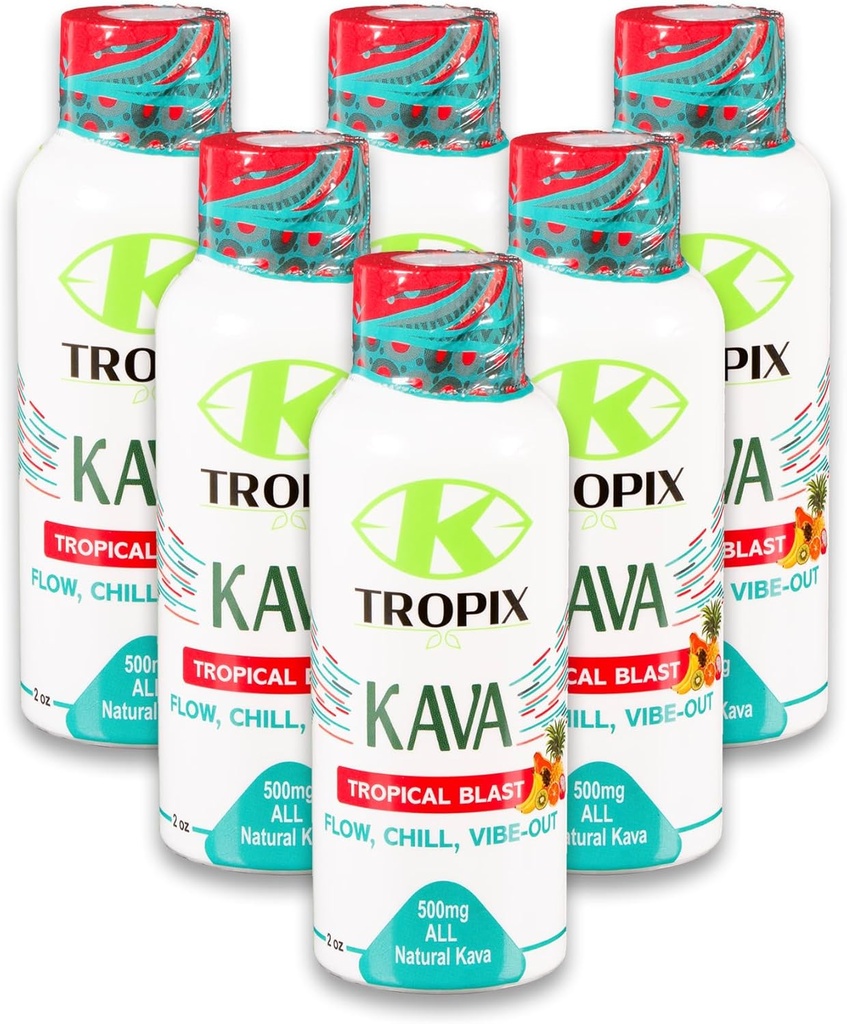 K- Tropix Kava Shot Tropical Blast - 500mg Wellness Shots to Promote Relaxation and Reduce Worry - Kava Drink - Worry, Tension, Strain Relief Supplement - 6 Pack