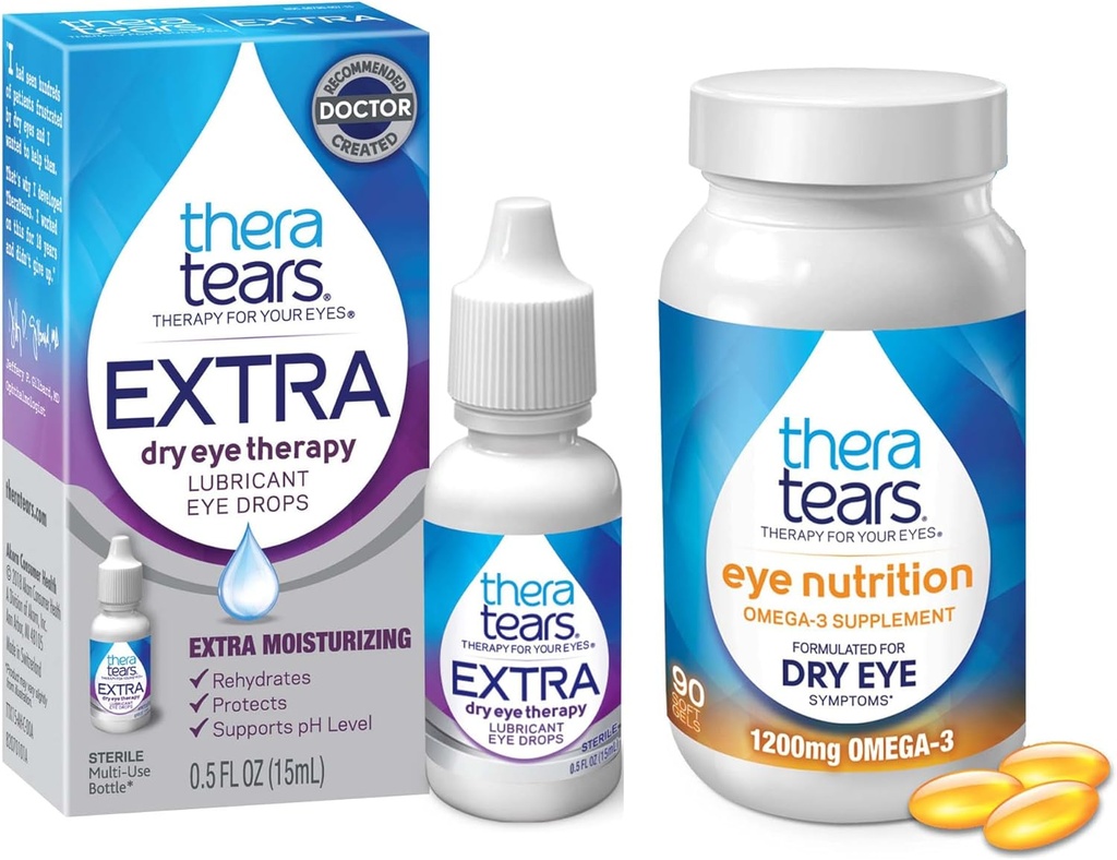 TheraTears 1200mg Omega 3 supplement til øje ernæring, Organic Flaxseed Triglycerid Fish Oil & VIT E, 90 Count Eye Drops, Ekstra tør øjenterapi, 15 ml, 0.5 Fl oz