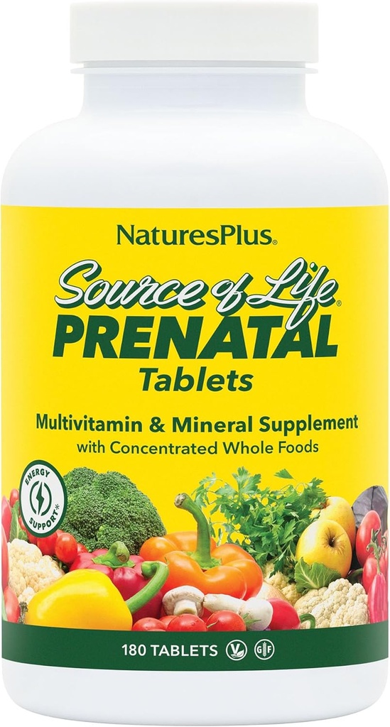 Natures Plus Kilde til Life Prenatal - 800 mcg Folate, 180 Vegetariske tabletter - Alle naturlige prenatal Vitamin & Mineraler med Iron & Calcium - Optimal sundhed & energi - Gluten- Free - 90 Servering