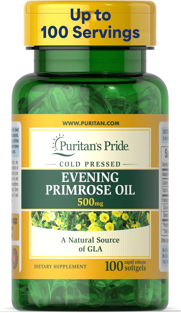 Puritans Pride Cold Pressed Aften Primrose Oil 500 mg med GLA, Kosttilskud til kvinder og hud sundhed, 100 Rapid Release Soft Gels
