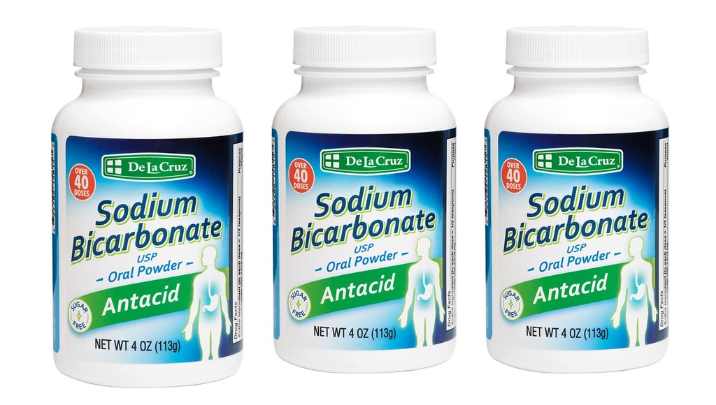 De La Cruz Pure Natrium Bicarbonat Powder - Bagning Soda & Bagning Powder Aluminium fri Antacida til hjerteforbrænding & fordøjelsesbesvær - Pakket i USA - 4 OZ (3 flasker)