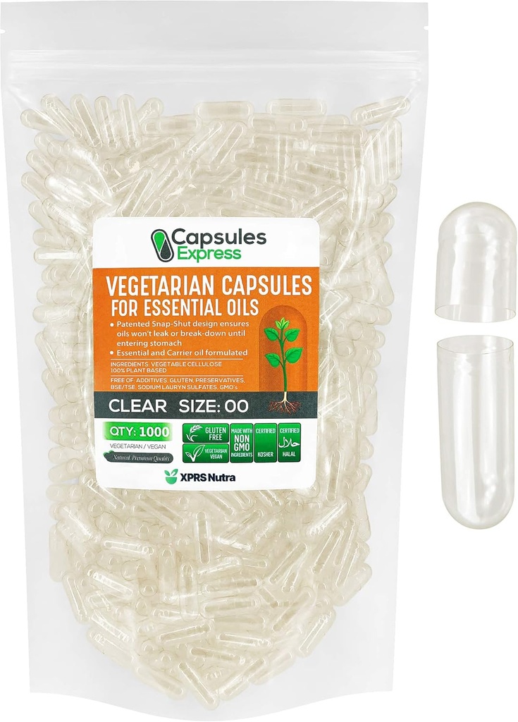 XPRS Nutra Størrelse 00 Tomme Veganske Kapsler - 1000 Grev Clear Veggie Kapsler til Mest Væsentlige Olier - Tomme Vegetabilske Piller - DIY Oil Fyldning