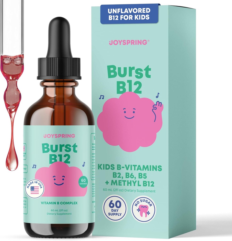 JoySpring Burst B12 Drops - Vitamin B Complex for Kids (2 fl oz) B2, B6, B5 + Methylcobalamin B12 Børn Supplement til støtte sund vækst & udvikling, Vegan B12, Age 2- 16 + Note 124; 60 Tjenester