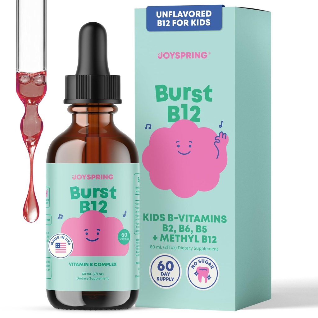 JoySpring Burst B12 Drops - Vitamin B Complex for Kids (2 fl oz) B2, B6, B5 + Methylcobalamin B12 Børn Supplement til støtte sund vækst & udvikling, Vegan B12, Age 2- 16 + Note 124; 60 Tjenester