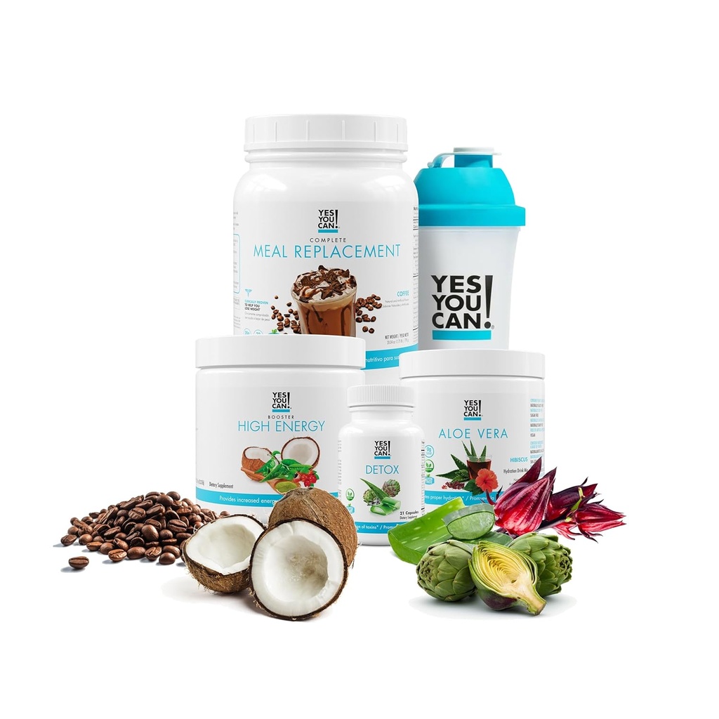 Ja, du kan! Detox Plus Kit - Daglig Rengøring Pure Fiber Meal Erstatning Drink Mix, Ryst Booster & tillæg, Krop Rengøring Kit til mænd og kvinder, Daglig System Rengøring - Kaffe, Hibiscus