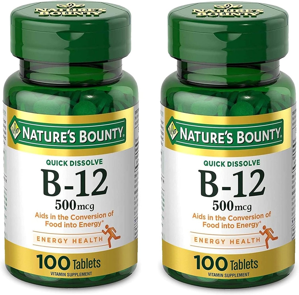 Nature's Bounty Vitamin B12, Supports Energy Metabolism and Nervous System Health, 500mcg, Tablets, 100 Ct (Pack of 2)