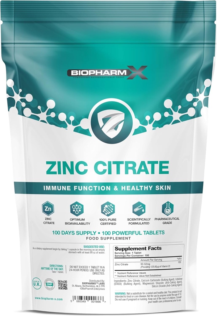 Zinkcitrat (100% ren certificeret / maksimal styrke 50 mg tabletter x 100 (1 per dag)