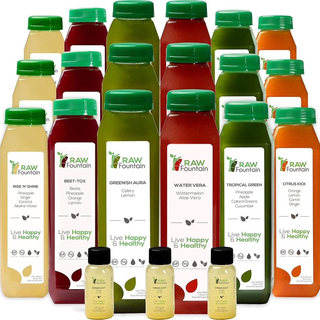 5 dag Juice rense af rå springvand, Tropiske Arme, Alle naturlige rå, kold presset frugt og grøntsagssaft, Detox rense, 30 flasker 12oz, 5 Bonus Ginger Skots