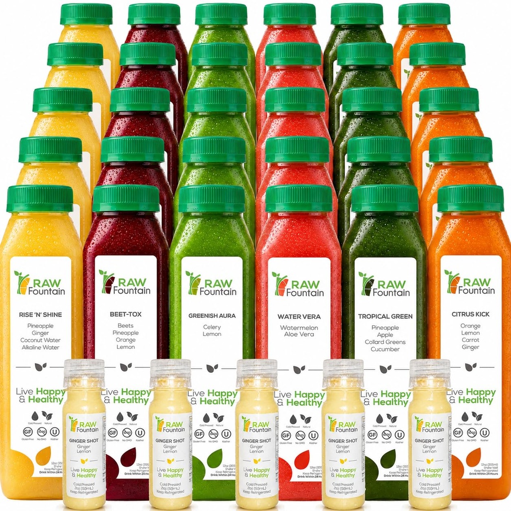 RAW Fountain Juice Cleanse 5 Day, Tropical Detox Cleanse, 30 Bottles, 12oz | 5x Ginger Shots, All Natural Juice Detox, Cold Pressed Juice, Gluten Free, NO Added Sugar, Vegan, Kosher