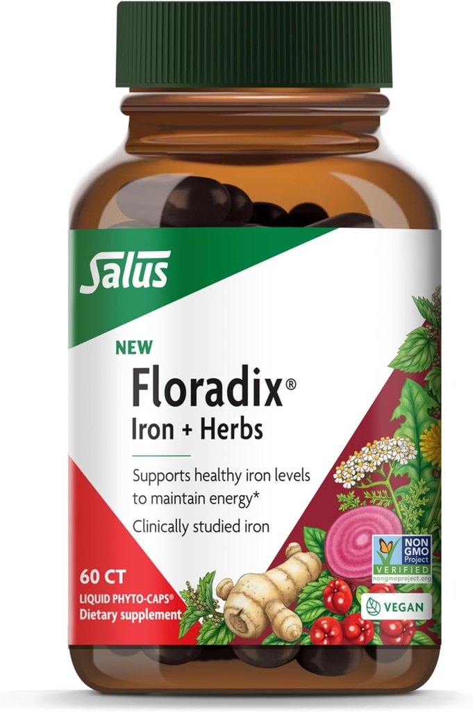 Floradix Iron + urter - jerntilskud til sund energistøtte * - Understøtter dannelsen af røde blodceller - Vegan, non-GMO, Gluten- fri, soy- fri - 60 flydende Phyto- Caps