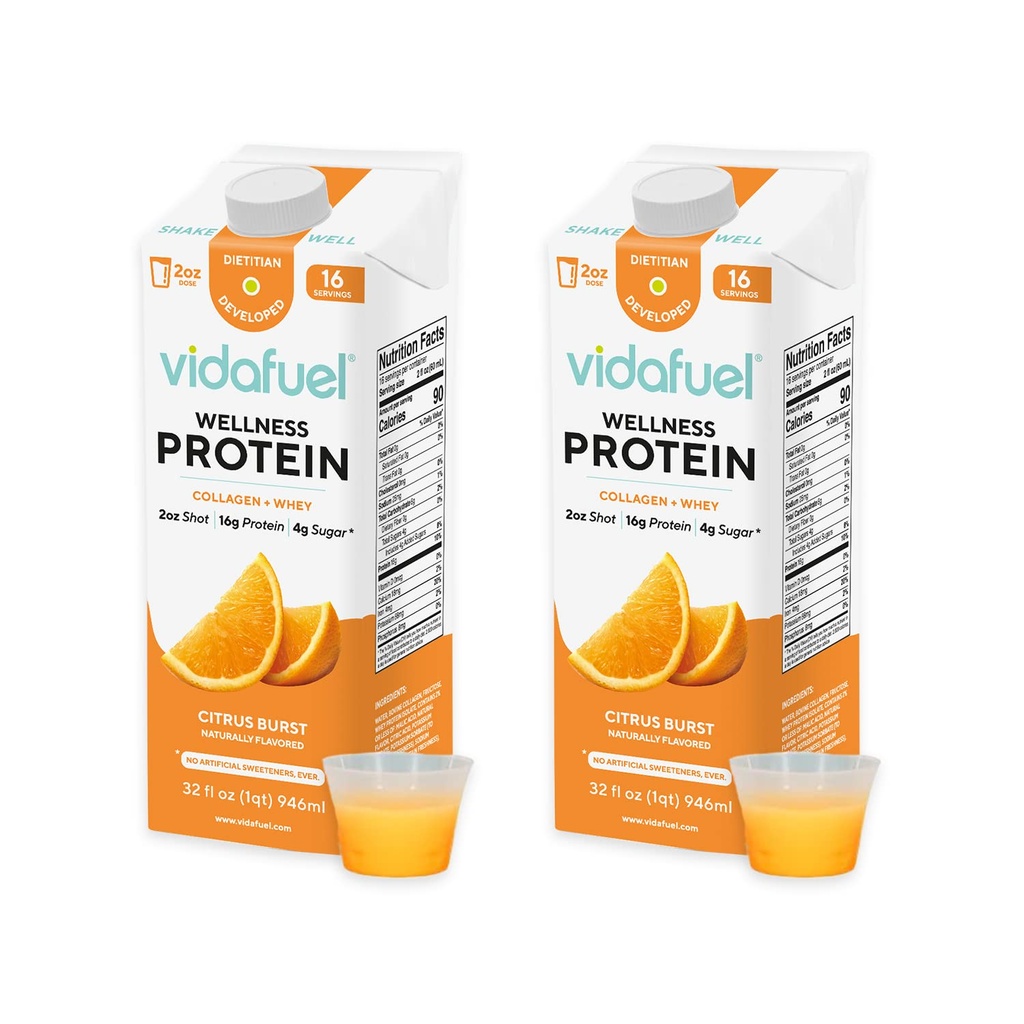Vidafuel Protein Drink, 16g Protein per 2oz Shot, 32 fl oz Carton, 2 Pack, Citrus, Collagen og Whey Drink, Ingen kunstige sødestoffer