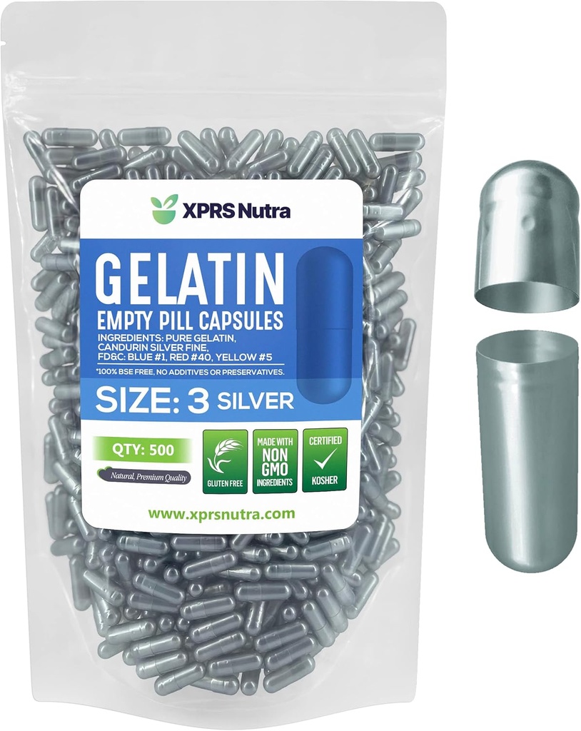 XPRS Nutra Størrelse 3 Tomme kapsler - 500 Tomme Gelatine kapsler - Piller gør det - Pure Bovin Pill Gel Caps Fyldelig til Do- It- Yourself Vitamin og kosttilskud (Sølv)