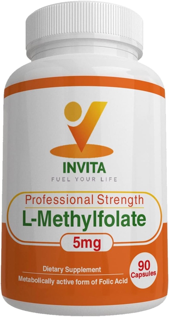 INVITA L- methylfolat - Professionel styrke Aktiv methylfolat - 5-MTHF supplement til energi, Mood & immunforsvar - Ikke GMO, Gluten Free, No Fillers (5 Mg)