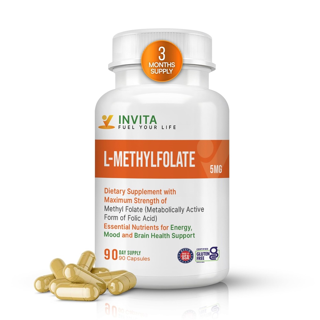 INVITA L- methylfolat - Professionel styrke Aktiv methylfolat - 5-MTHF supplement til energi, Mood & immunforsvar - Ikke GMO, Gluten Free, No Fillers (5 Mg)