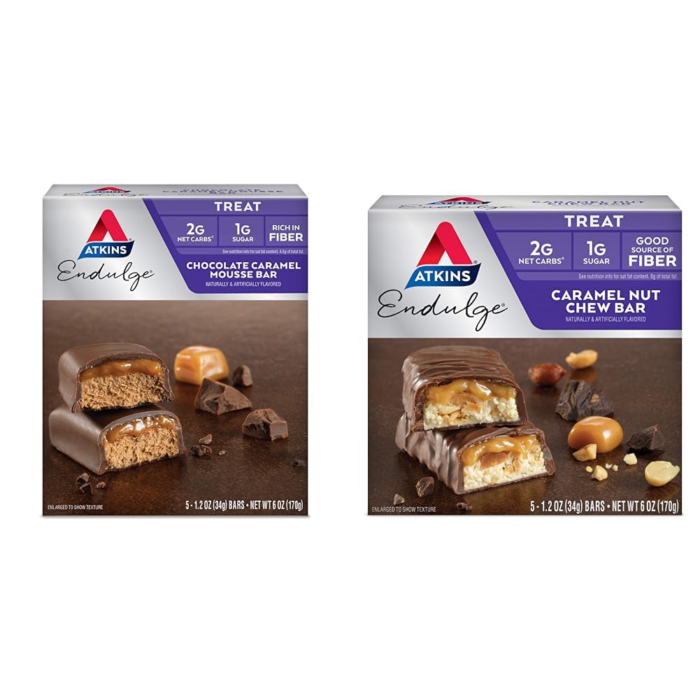 Atkins Endulge Chokolade Caramel Mousse Bar 5 Grev og Caramel Nut Chew Bar 5 Grev Bundle