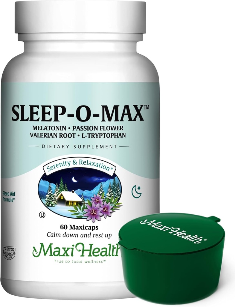 Maxi sundhed Natural Sleep- O- Max med Valerian Root, Melatonin, Tryptophan, Passionflower - Rolig søvn støtte Formel for voksne med grøn søjle