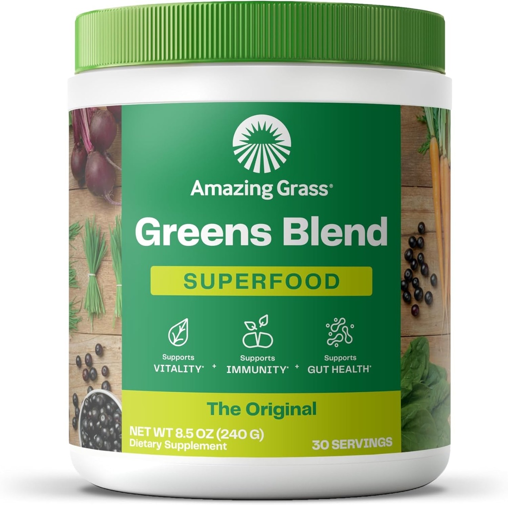 Amazing Grass Green Blend Superfood: Grønne pulver mix for energi, med Organic Spirulina, Chlorella, Beet Root Powder, fordøjelige enzymer & probiotika, Original, 30 Servere (Packaging May Vary)