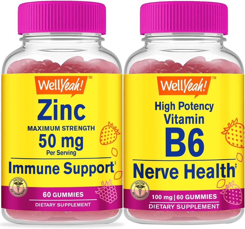 WellYe Zink + høj potens Vitamin B6, Gummies Bundle - Great Tasting, Vitamin supplement, Gluten fri, GMO fri, Chewable Gummy