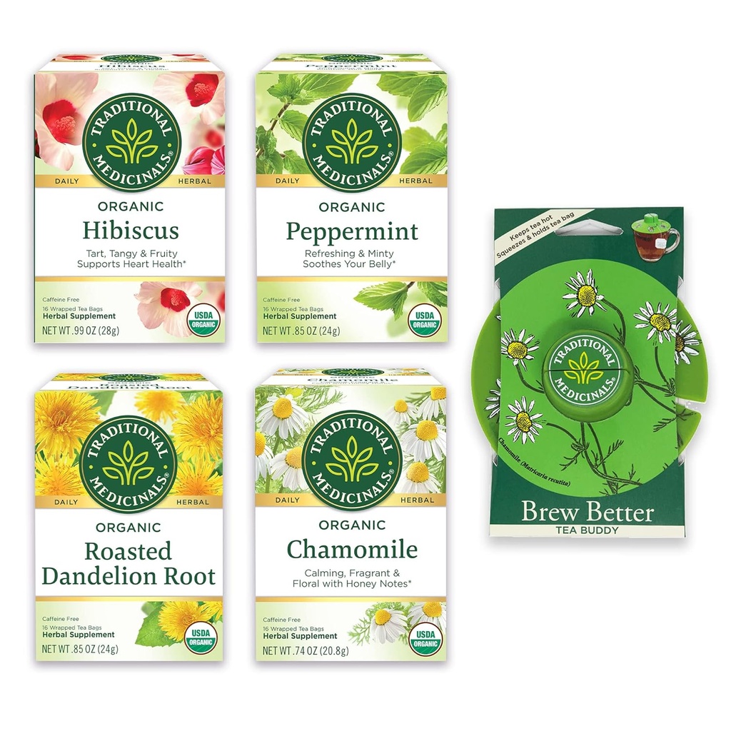 Traditional Medicinals, Organic Variety Pack for Wellness in Four Soothing Flavors, Includes Peppermint, Chamomile, Hibiscus, Roasted Dandelion Root, Tea Buddy, 64 Tea Bags, (4 Pack)