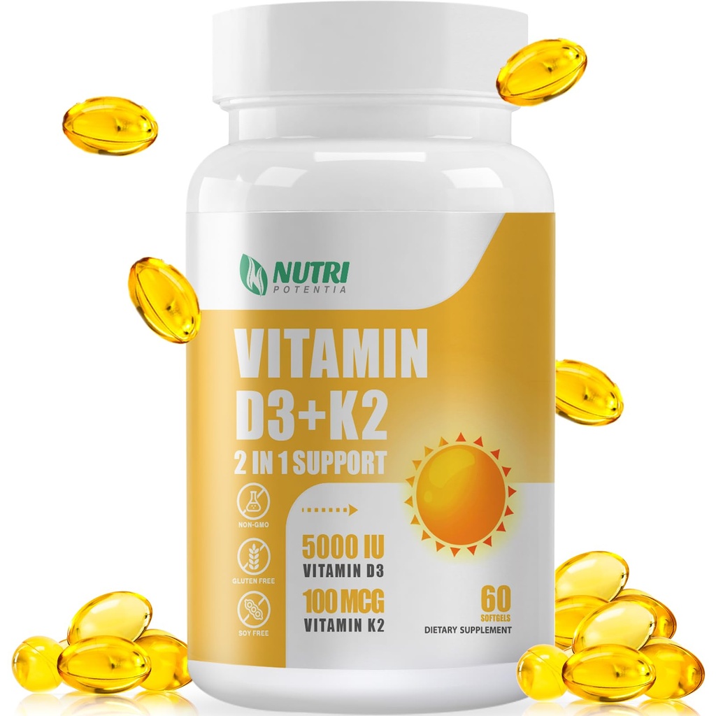 D3- vitamin K2 med MCT Oil, D3- vitamin 5000 IE og K2 100mcg, Formel 2 i 1 for ben - og hjertesundhed, Gluten Free - 60 Grev Softgels