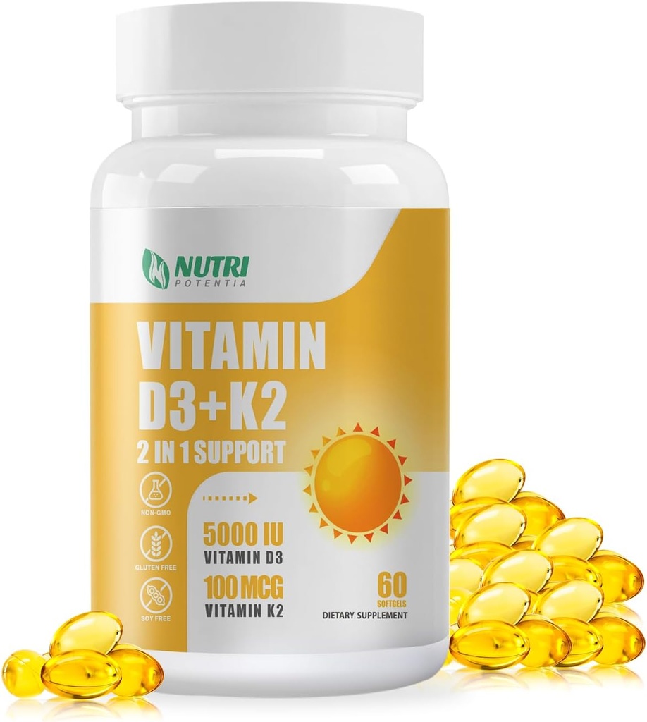 D3- vitamin K2 med MCT Oil, D3- vitamin 5000 IE og K2 100mcg, Formel 2 i 1 for ben - og hjertesundhed, Gluten Free - 60 Grev Softgels