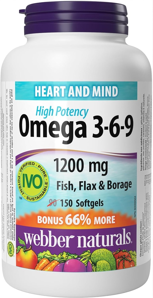 Webber Naturals Omega 3- 6- 9 Flaxseed, Fish & Borage Oliils 1200 mg, 150 softgel