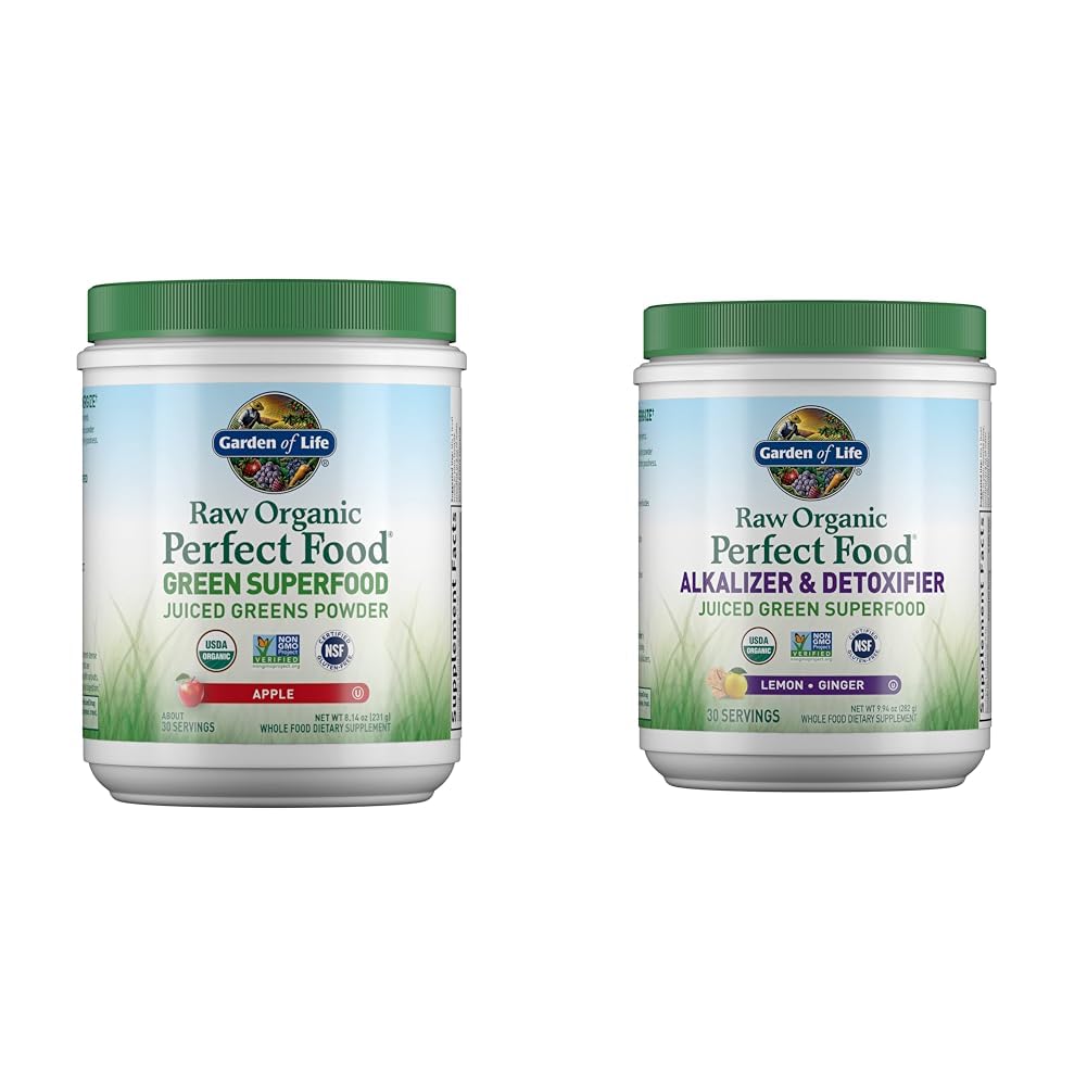 Garden of Life Raw Organic Perfect Food Green Superfood Juiced Greens Powder - Apple Flavor & Raw Organic Perfect Food Alkalizer & Detoxifier Juiced Greens Superfood Powder