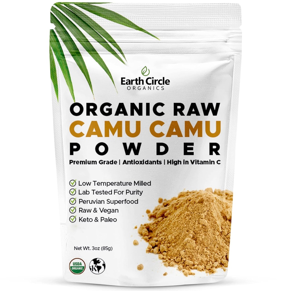 Earth Circle Organics Camu Camu Powder - Organic Raw Berry Powder with Natural Vitamin C & Antioxidants - Vegan, Kosher, Non- GMO Superfood for Immunity & Energy - 3oz (pakke med 1)