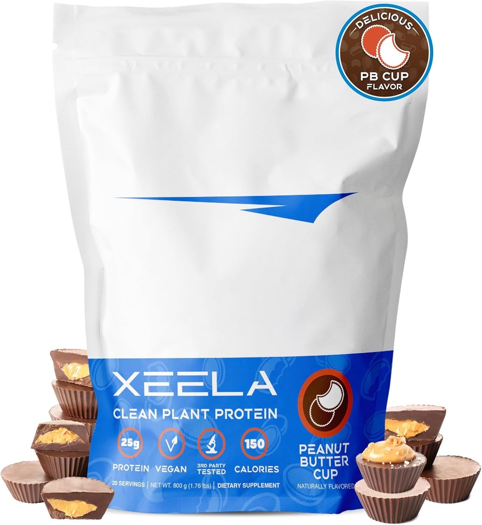 XEELA Plant Based Vegan Protein Powder - Independently Tested - 25g High Protein, Pea Protein for Men & Women - Vitamins & Minerals, Non GMO, Dairy & Gluten Free, LowCarb & LowFat (Peanut Butter Cup)