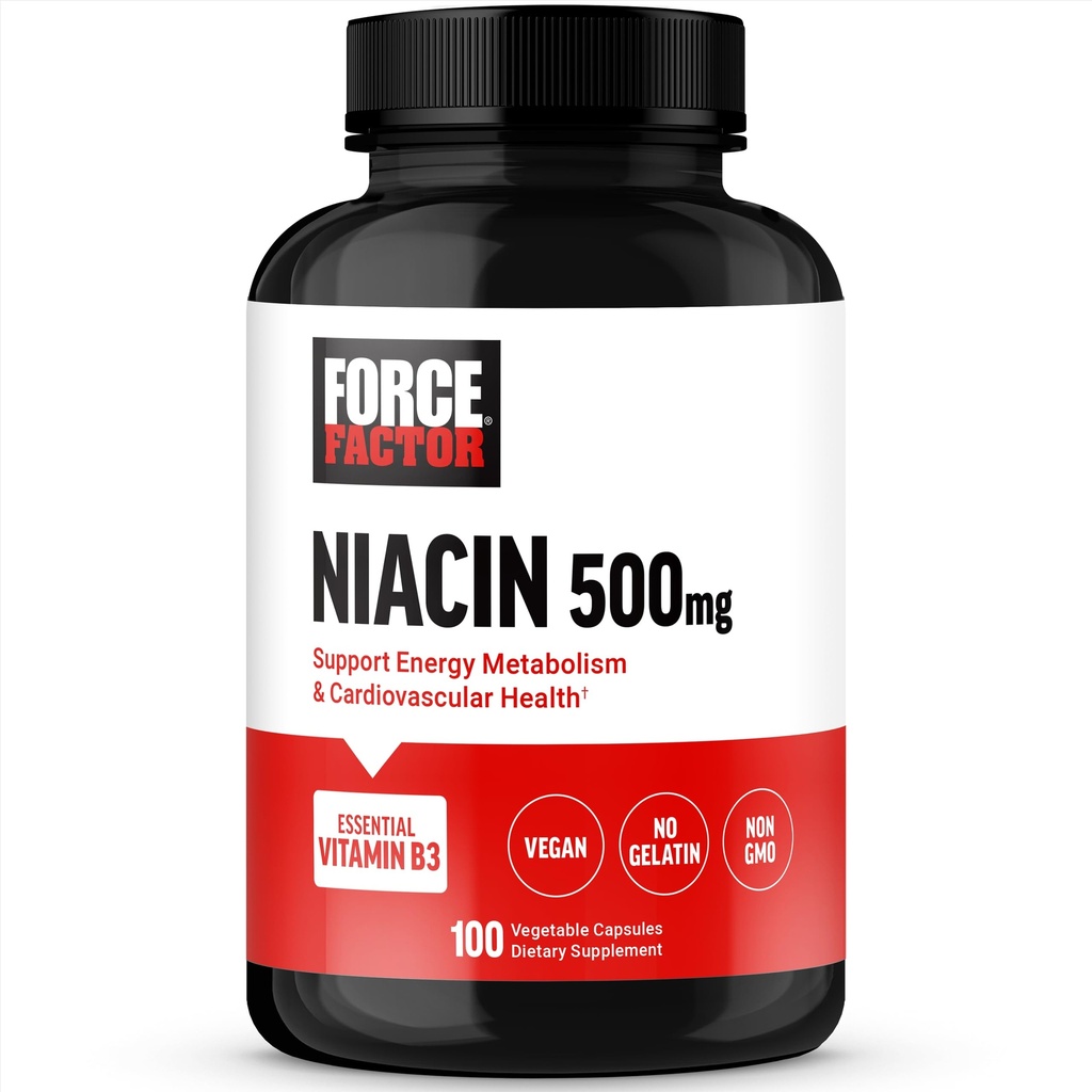 FORCE FACTOR Niacin Vitamin B3 til støtte Cellulær energi og cardiovaskulær sundhed, Niacin 500mg Heart- Health Supplement, Vegan, No Gelatine, Non- GMO, 100 Vegetabilske kapsler
