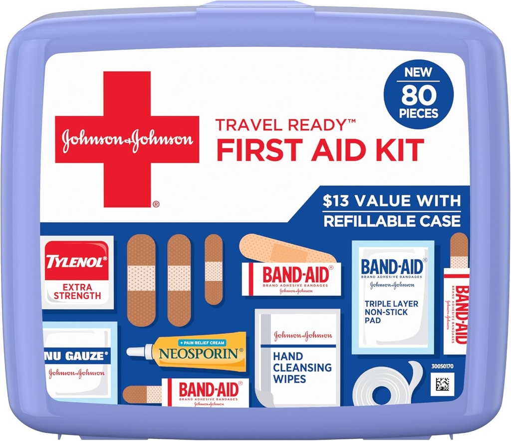BAND- Aid Brand Travel Ready Portable Emergency Førstehjælp Kit til Mindre Sårpleje, Perfekt til hjemmet, Bil, Rejser, Camping Essentials & Udendørs Emergency Kit, 80 stykker