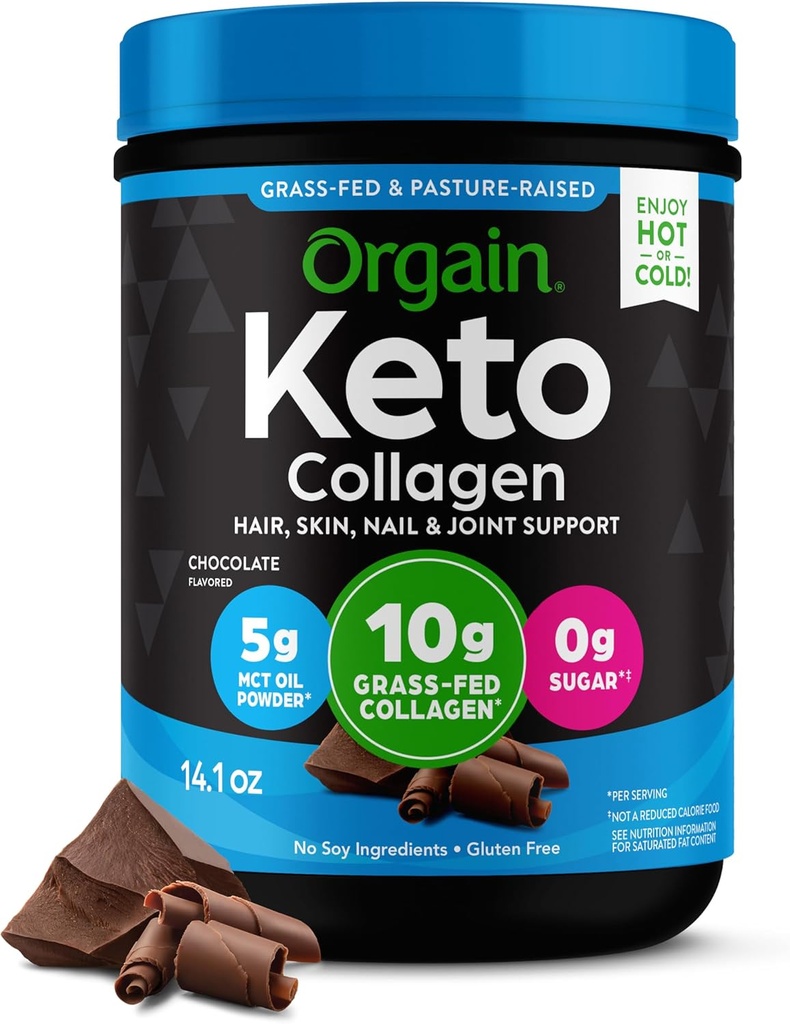 Orgain Keto Collagen Protein Powder, Chocolate - 10g Grass Fed Hydrolyzed Collagen Peptider til kvinder & mænd, Type I & III, 5g MCT Oil - hår, hud, negle, & fælles støtte, ikke-GMO, gluten Free - 0,88lb
