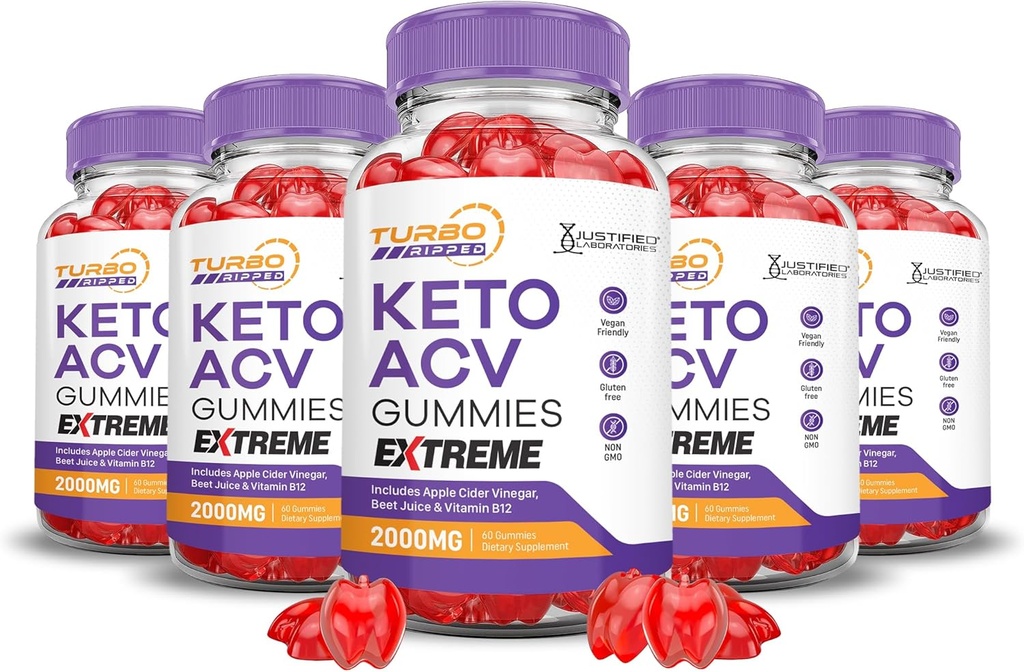 (5 Pack) Turbo Ripped Keto ACV Gummies Extreme 2000MG Turbo Ripped Keto Gummies Apple Cider Vinagar Formuleret med Pomegranate Beet Juice Powder B12 Vegan Non GMO 300 Gummys