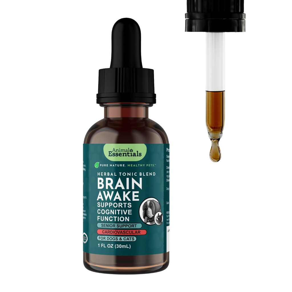 Animal Essentials Brain Awake for Dogs & Cats - Kognitiv Support, Senior Support for Dogs, Lion 's Mane, Brain Function & Health Support, Herbal Formel - 1 Fl Oz