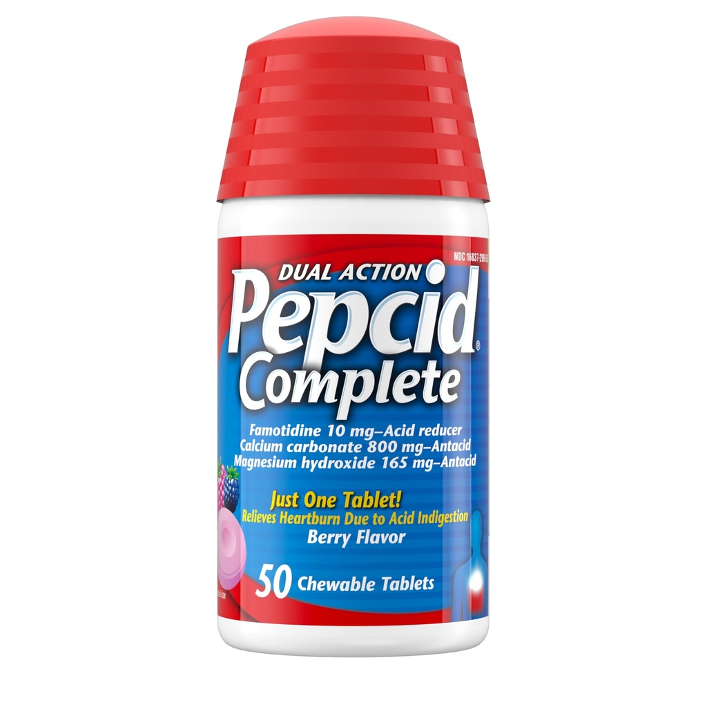 Pepcid Complete Acid Reducer + Antacida tyggetabletter, Heartburn Relief, Berry, 50 ct (Pakke Maj Vary)