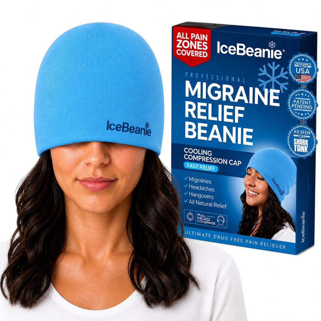 IceBeanie Migræne Relief Cap, Som set på Shark Tank, Soft & Stretchy Gel Tension Hovedpine Relief Cap, Udvidet køling tømmermænd Ice Hat, Odorless Head Wrap Ice Pack Wrap, Hovedpine Migræne Mask