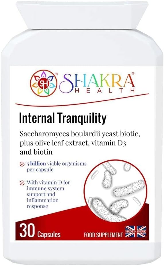 Intern Tranquility Saccharomyces Boulardii Probiotisk Gær Support, 30 kapsler for Immunitet, Betændelse & Mukous Membrane. for sund Gut, blod, calcium, knogler, muskel, tænder & organer